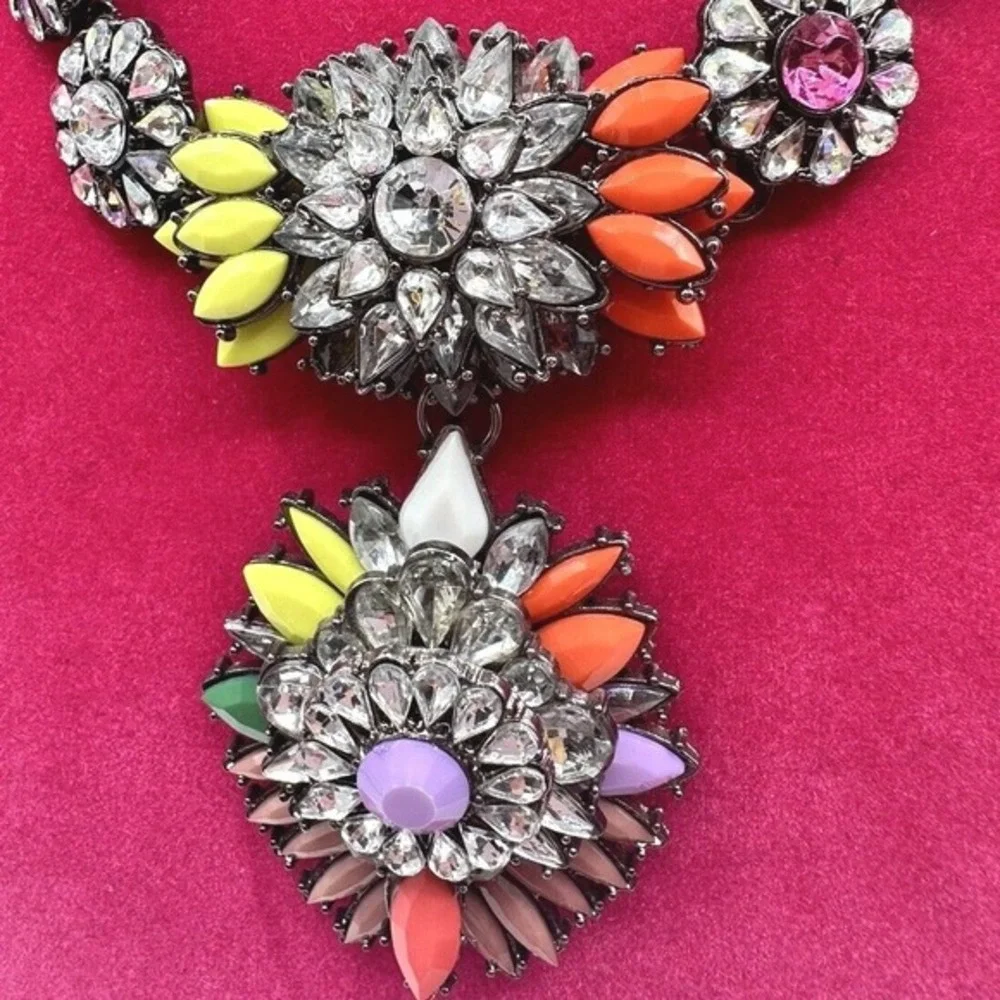 Multi Color Neon Floral Bib Necklace Gunmetal Tone Rhinestone Chunky Indie J-01